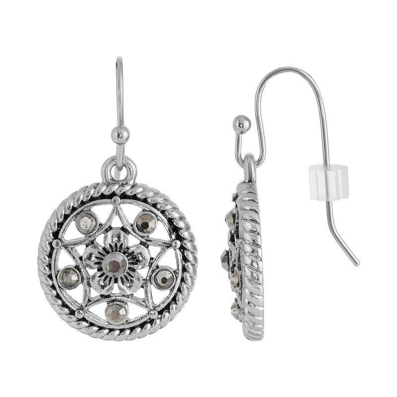 1928 Silver Tone Hematite Round Filigree Drop Earrings, Womens, Grey Product Image