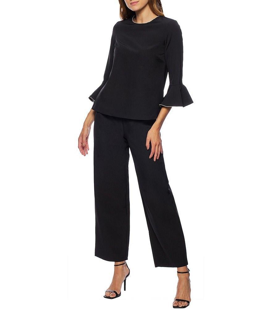 Marina Crew Neck 3/4 Bell Sleeve Rhinestone Trim 2-Piece Pant Set Product Image