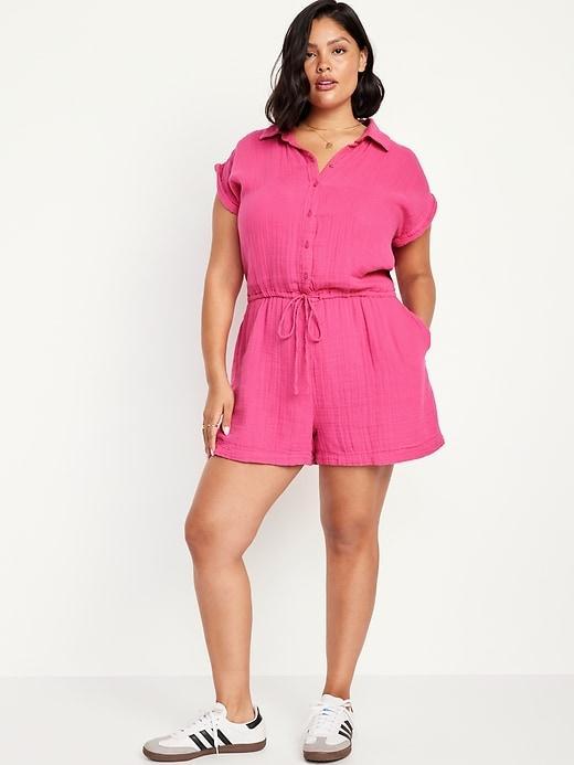 Waist-Defined Crinkle Gauze Romper -- 3-inch inseam Product Image