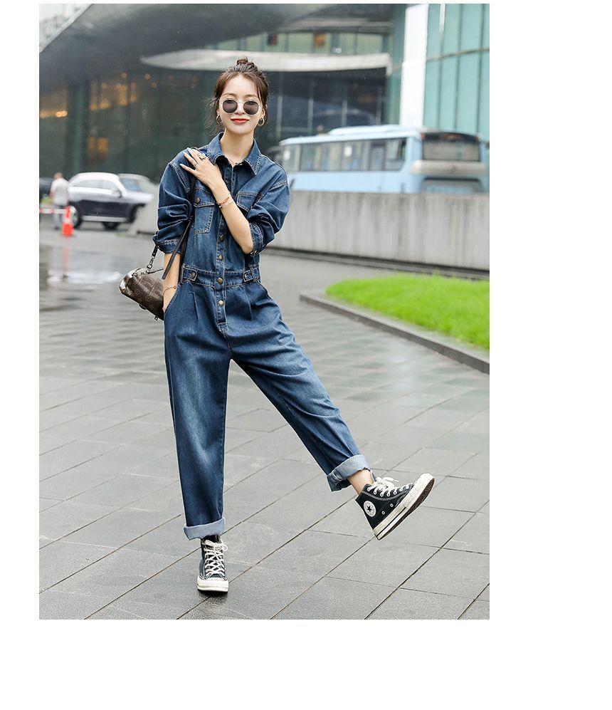 Long-Sleeve Denim Jumpsuit Product Image