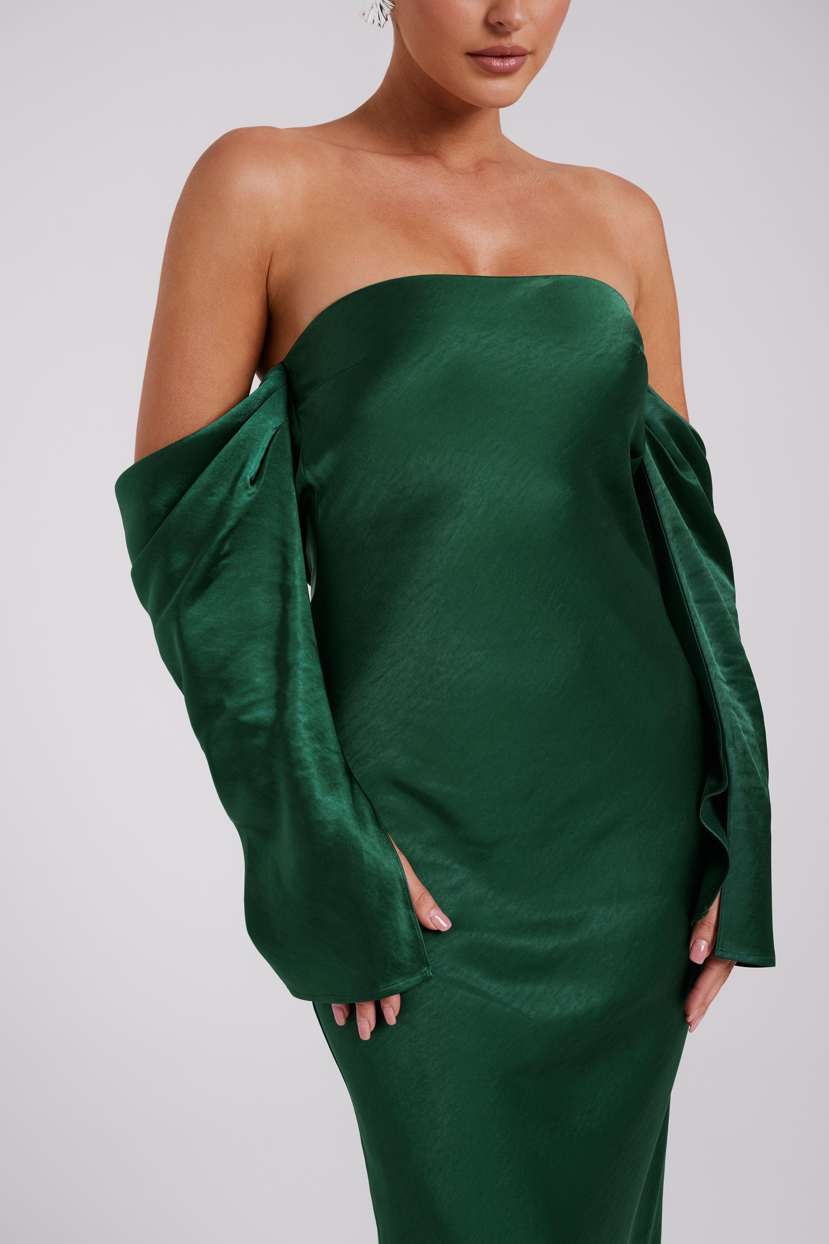 Vee Off Shoulder Satin Midi Dress - Emerald Product Image