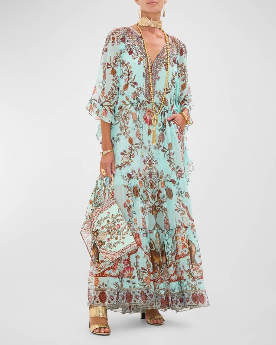 Wide-Sleeve Gathered Silk Maxi Dress Product Image