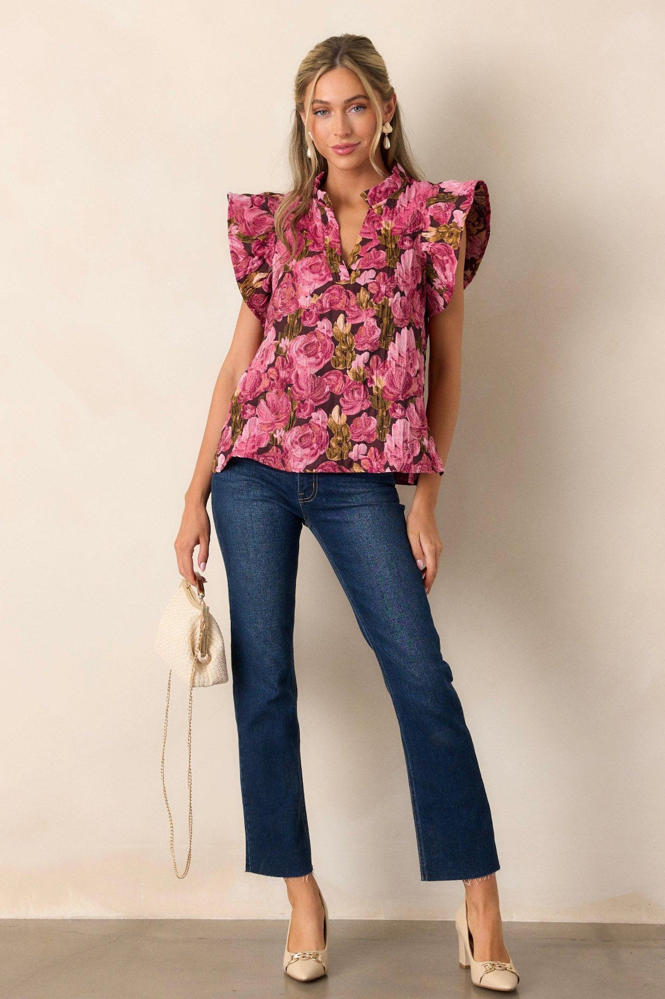 Bright Places Berry Floral Jacquard Flutter Sleeve Top Product Image