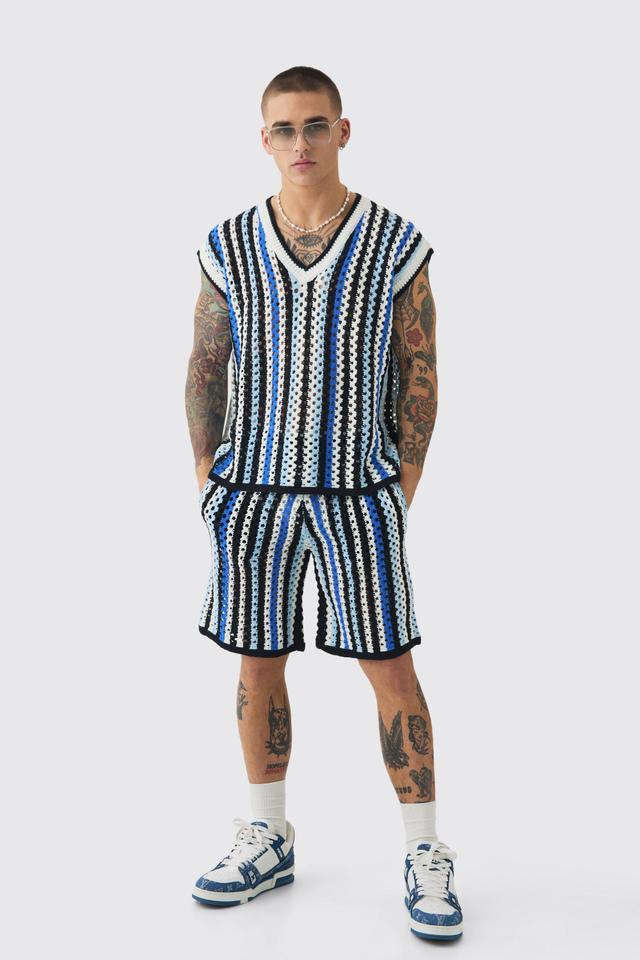 Oversized Open Stitch Stripe V Neck Tank And Short Set | boohooMAN USA Product Image