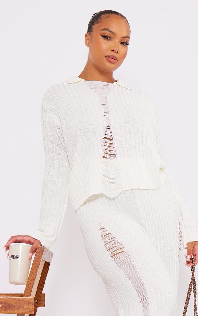 Plus Cream Distressed Long Sleeve Sweater Product Image