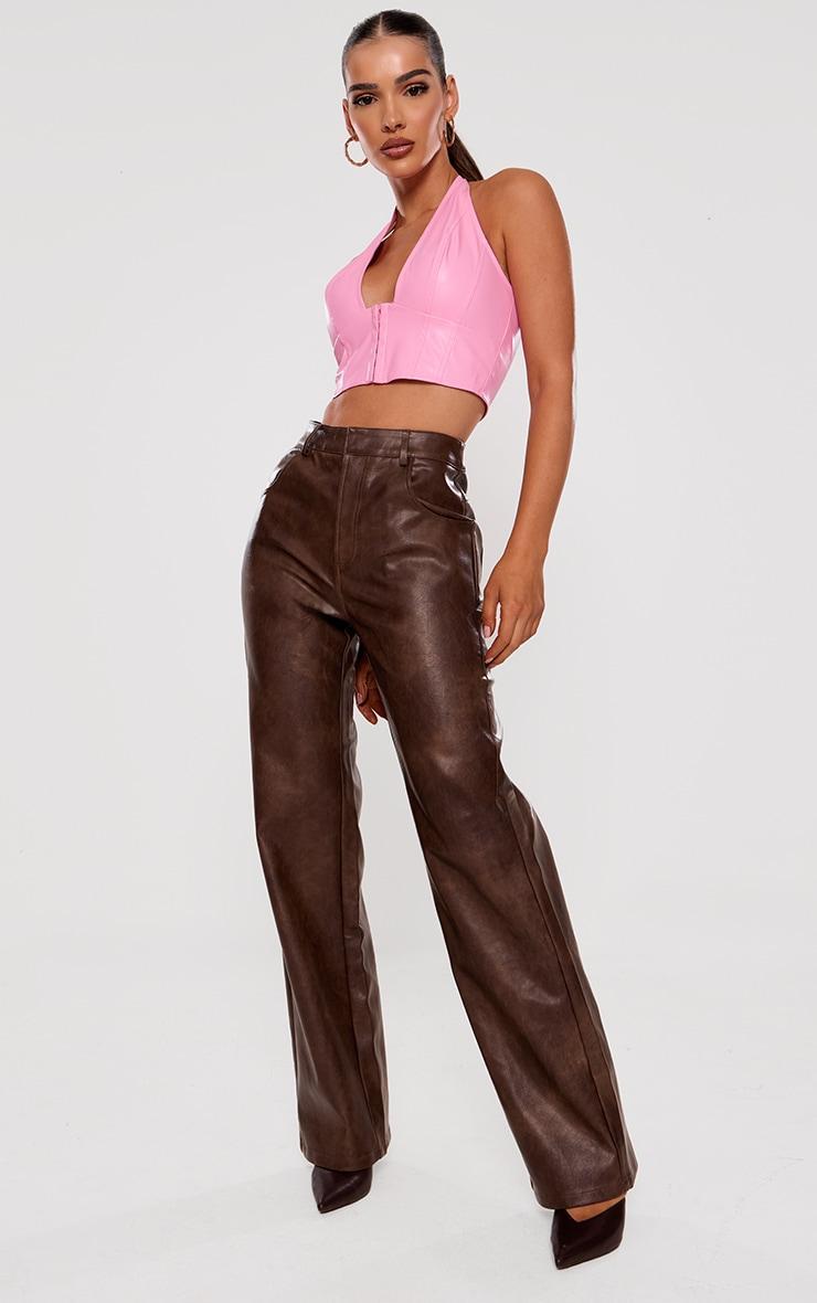 Pink Faux Leather Hook & Eye Plunged Crop Top Product Image