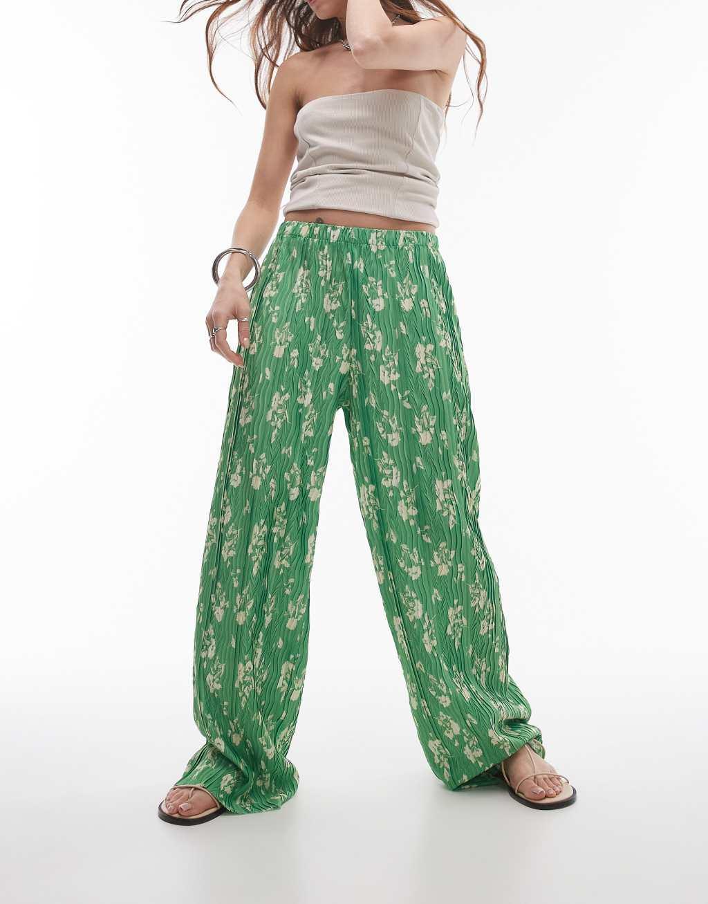 Topshop floral crinkle plisse wide leg pants in green Product Image