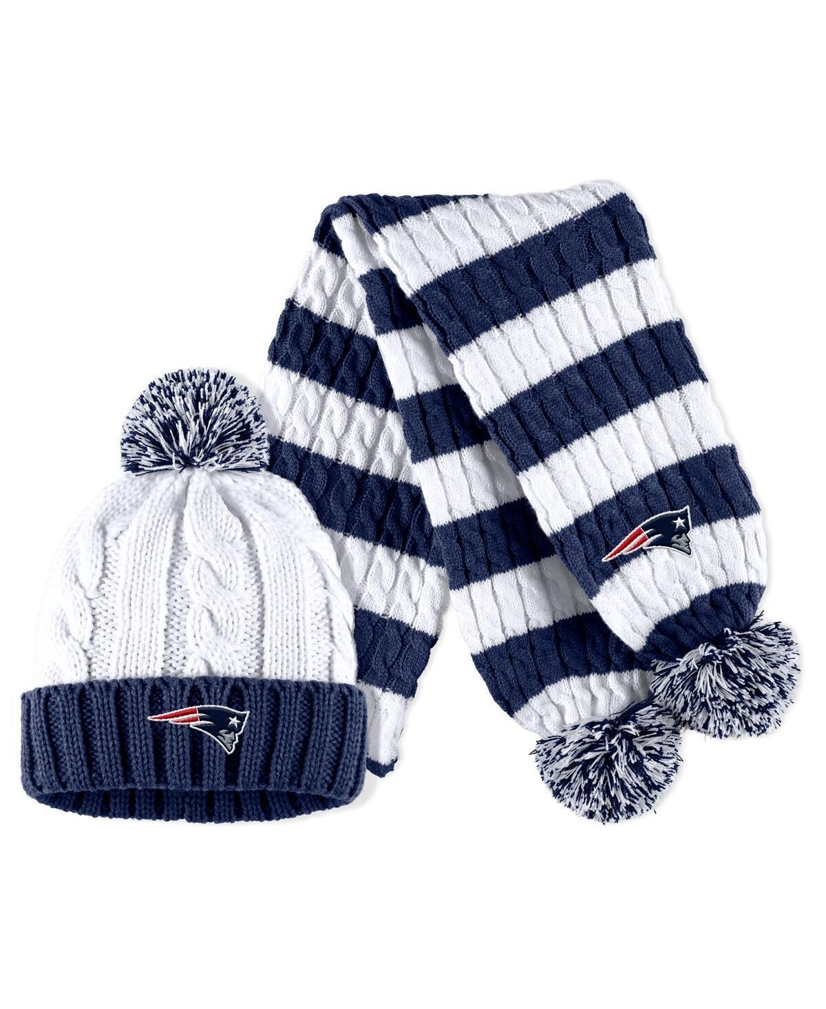 Womens WEAR by Erin Andrews White New England Patriots Cable Stripe Cuffed Knit Hat with Pom and Scarf Set Product Image