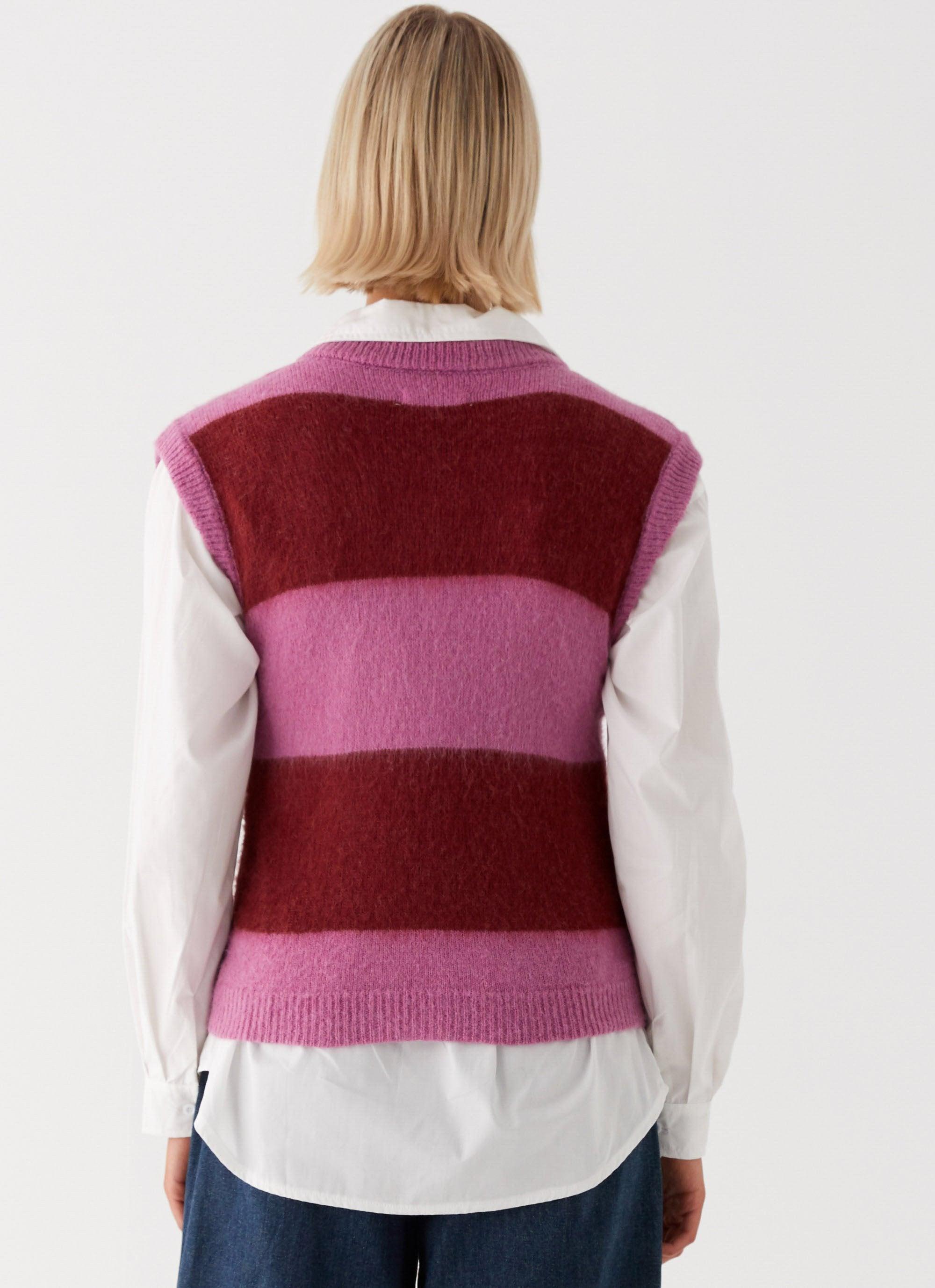 Savannah Fuzzy Knit Vest - Red Pink Stripe Product Image