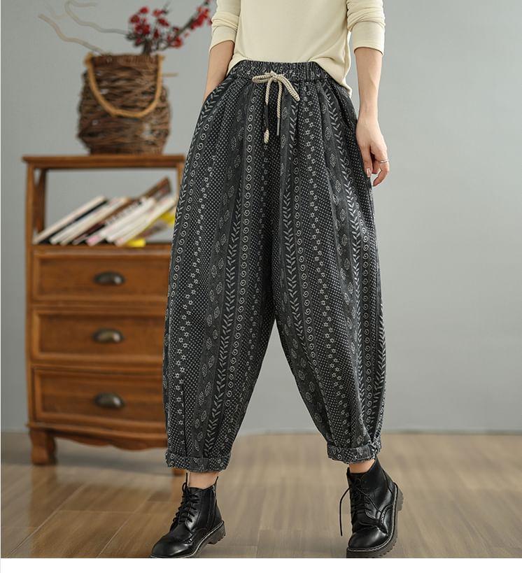 Drawstring Waist Patterned Cropped Baggy Pants Product Image