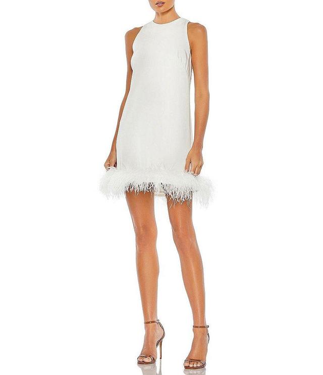 Mac Duggal Feather Trim Crew Neck Sleeveless Trapeze Mini Dress Product Image