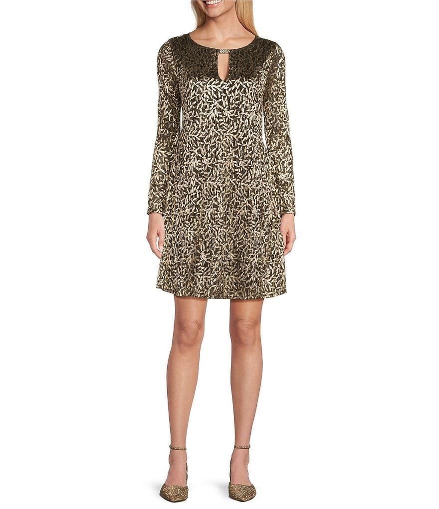 Marina Keyhole Neck Long Sleeve Metallic Printed Sheath Dress Product Image