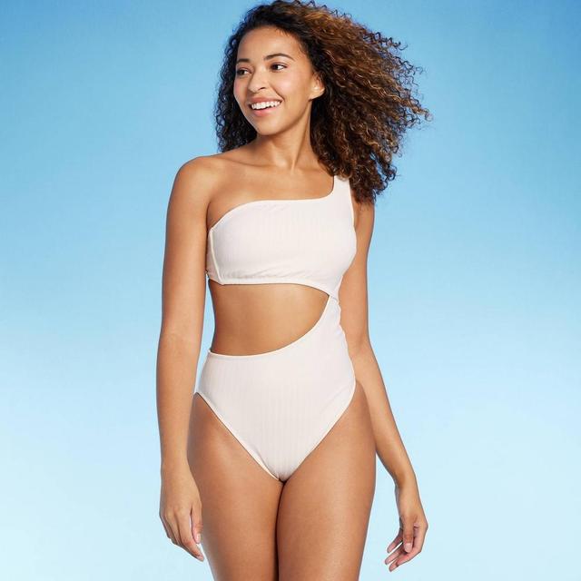 WomensRibbed One Shoulder Cut Out One Piece Swimsuit - Shade & Shore Off-White XL: Thin Stripe, Asymmetrical Back, Removable Cup Product Image