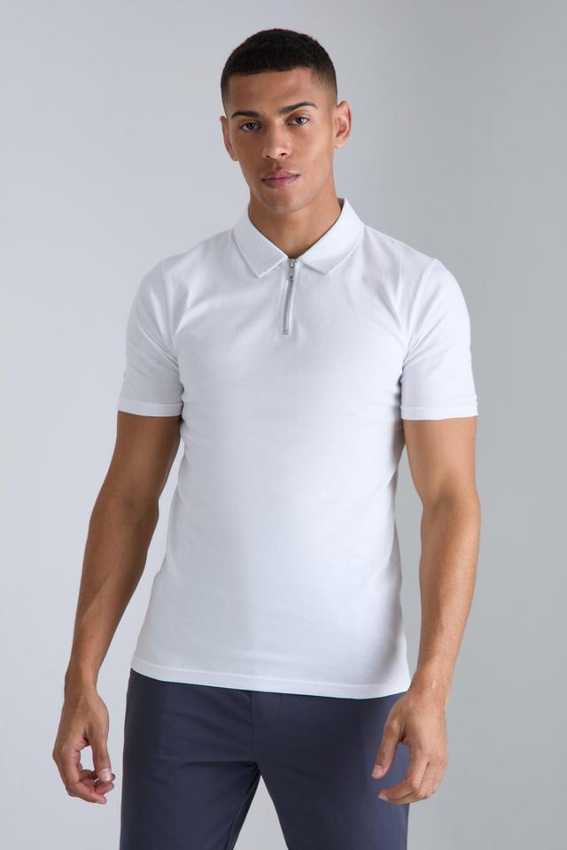 Muscle Zip Neck Polo | boohooMAN USA Product Image