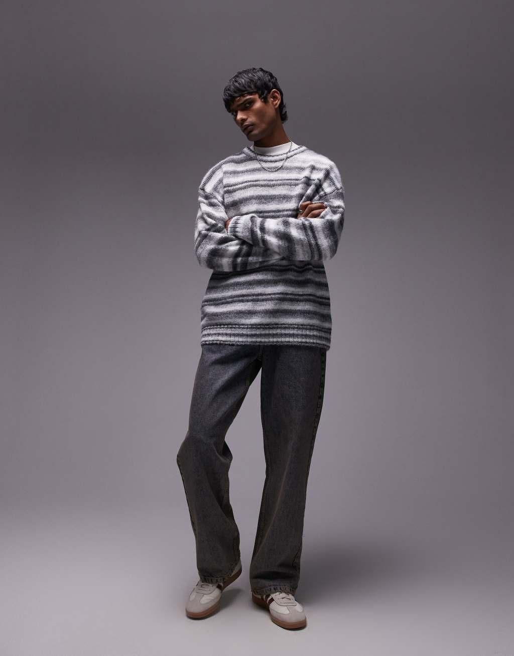 Topman relaxed fit fluffy stripe sweater in gray stripe Product Image