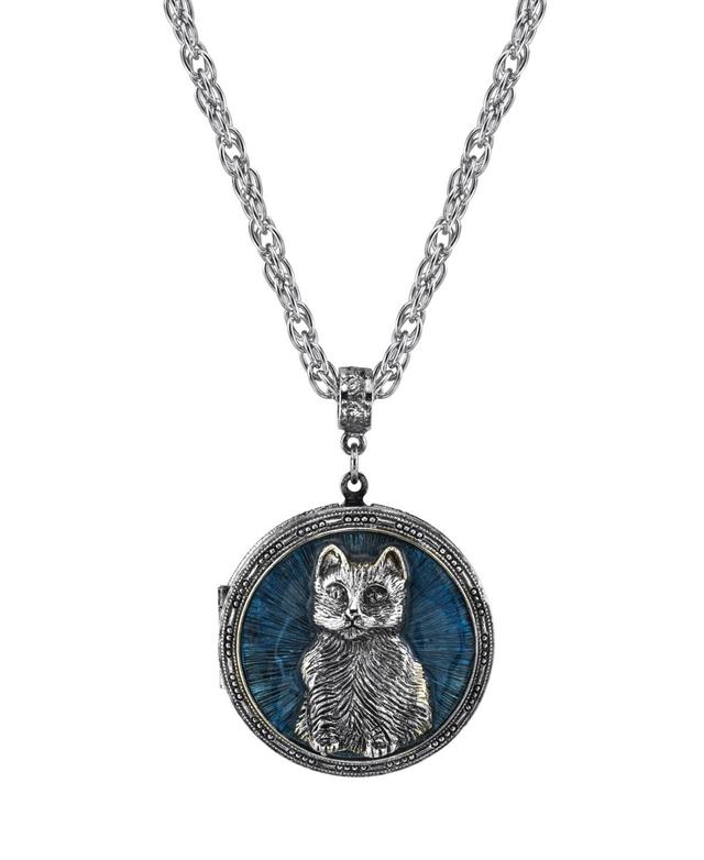 1928 Jewelry Antiqued Pewter Cat Locket Pendant Necklace, Womens, Blue Product Image