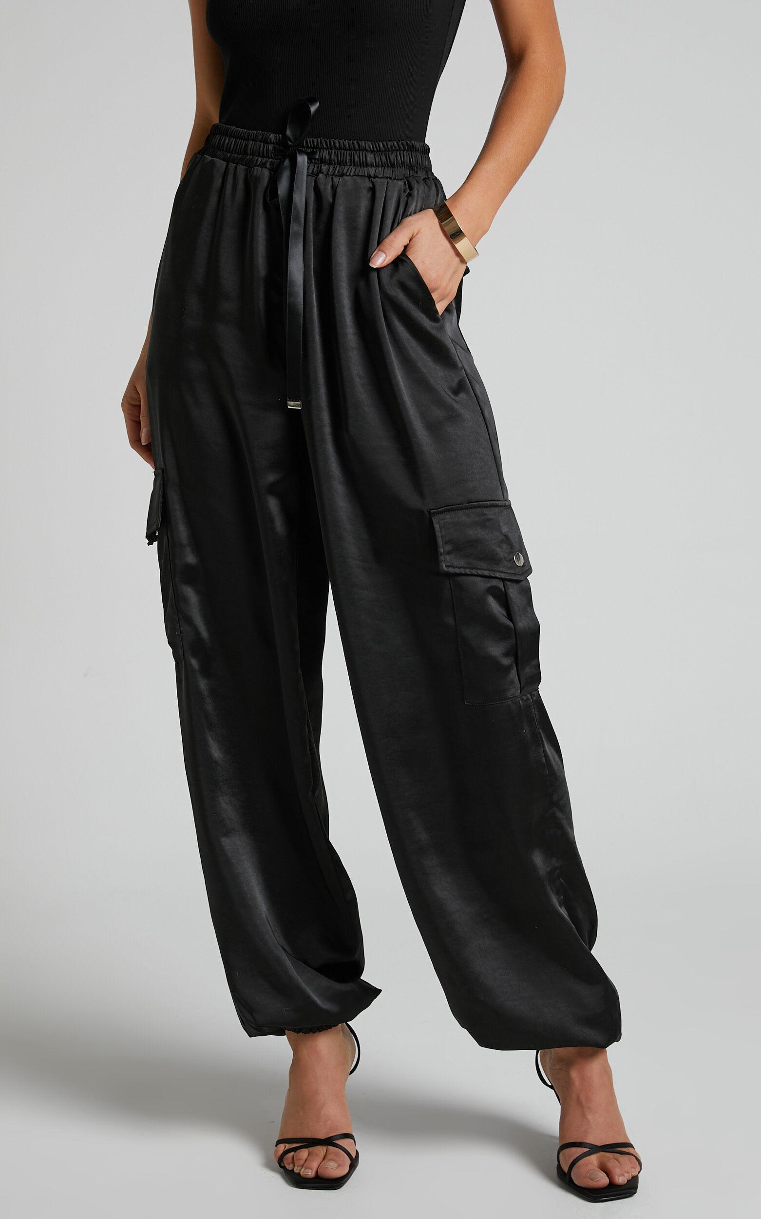 Jadeiah Pants - Mid Rise Cargo Pocket Satin Jogger Pant in Black Product Image