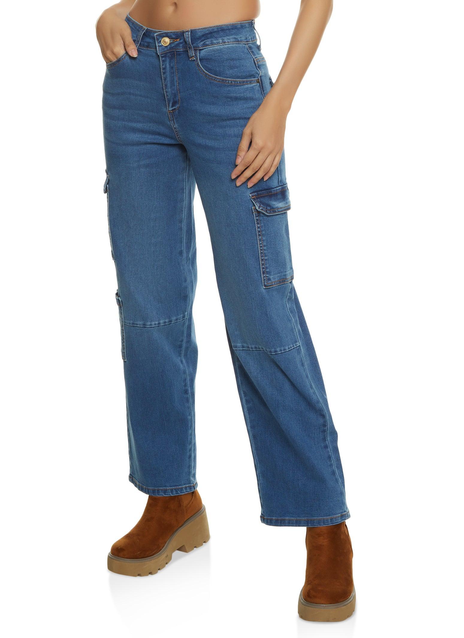 Womens WAX Wide Leg Flap Pocket Cargo Jeans product image