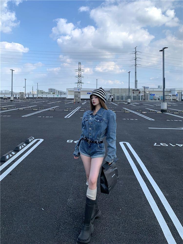 Long-Sleeve Washed Button-Up Denim Romper Product Image