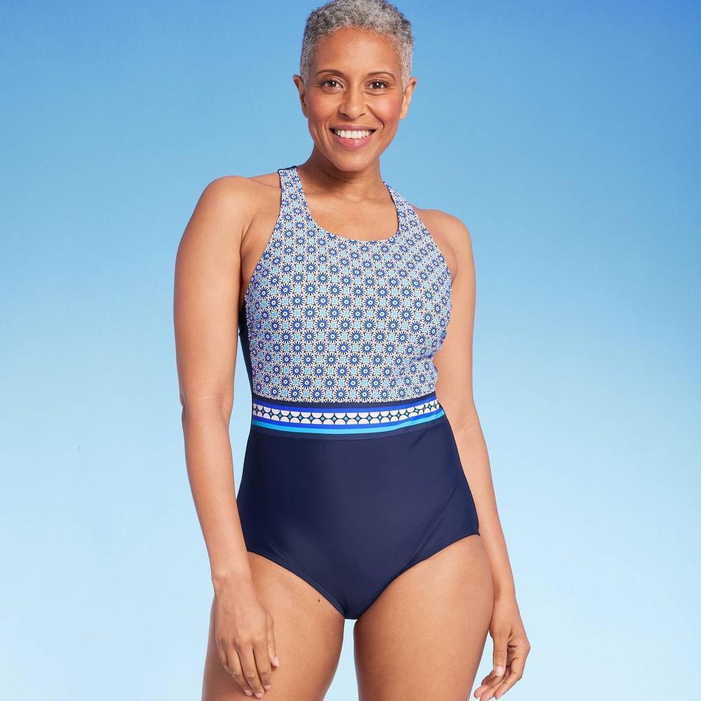 Lands End Womens UPF 50 Full Coverage Geo Border Print High Neck Tugless One Piece Swimsuit - Blue L Product Image