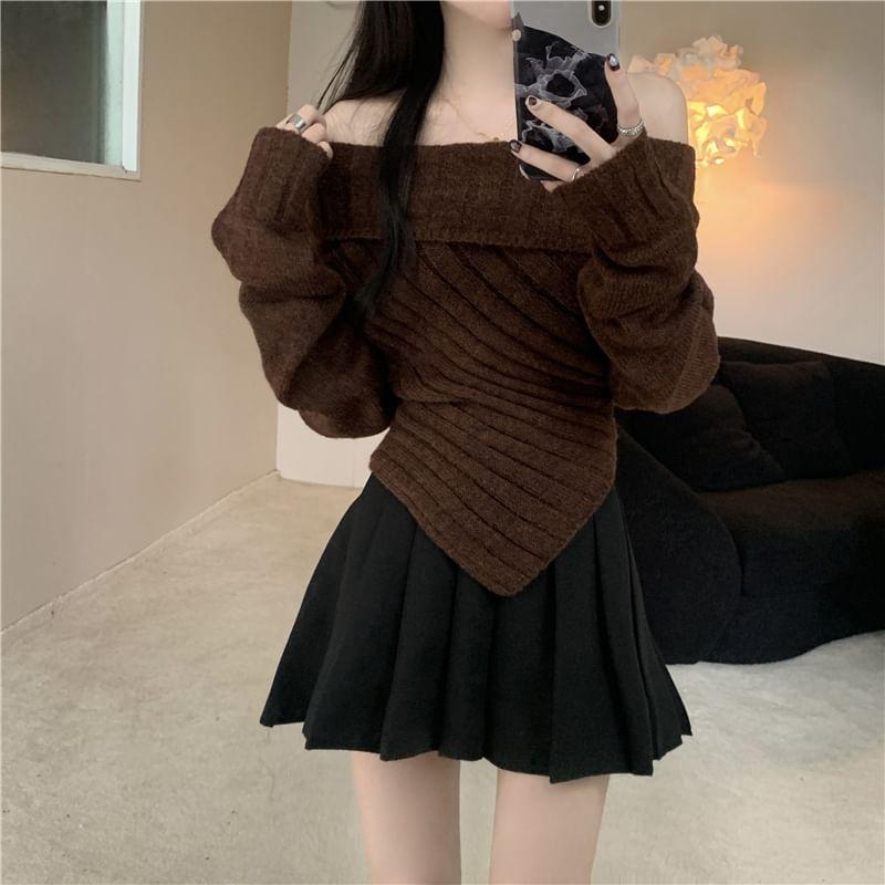 Off Shoulder Plain Asymmetrical Ribbed Sweater Product Image