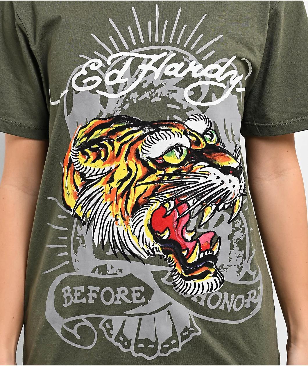 Ed Hardy Screaming Tiger Olive T-Shirt Product Image