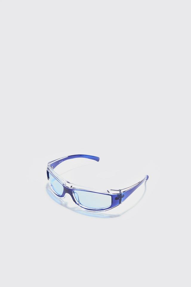 Metal Detail Sunglasses In Blue | boohooMAN USA Product Image