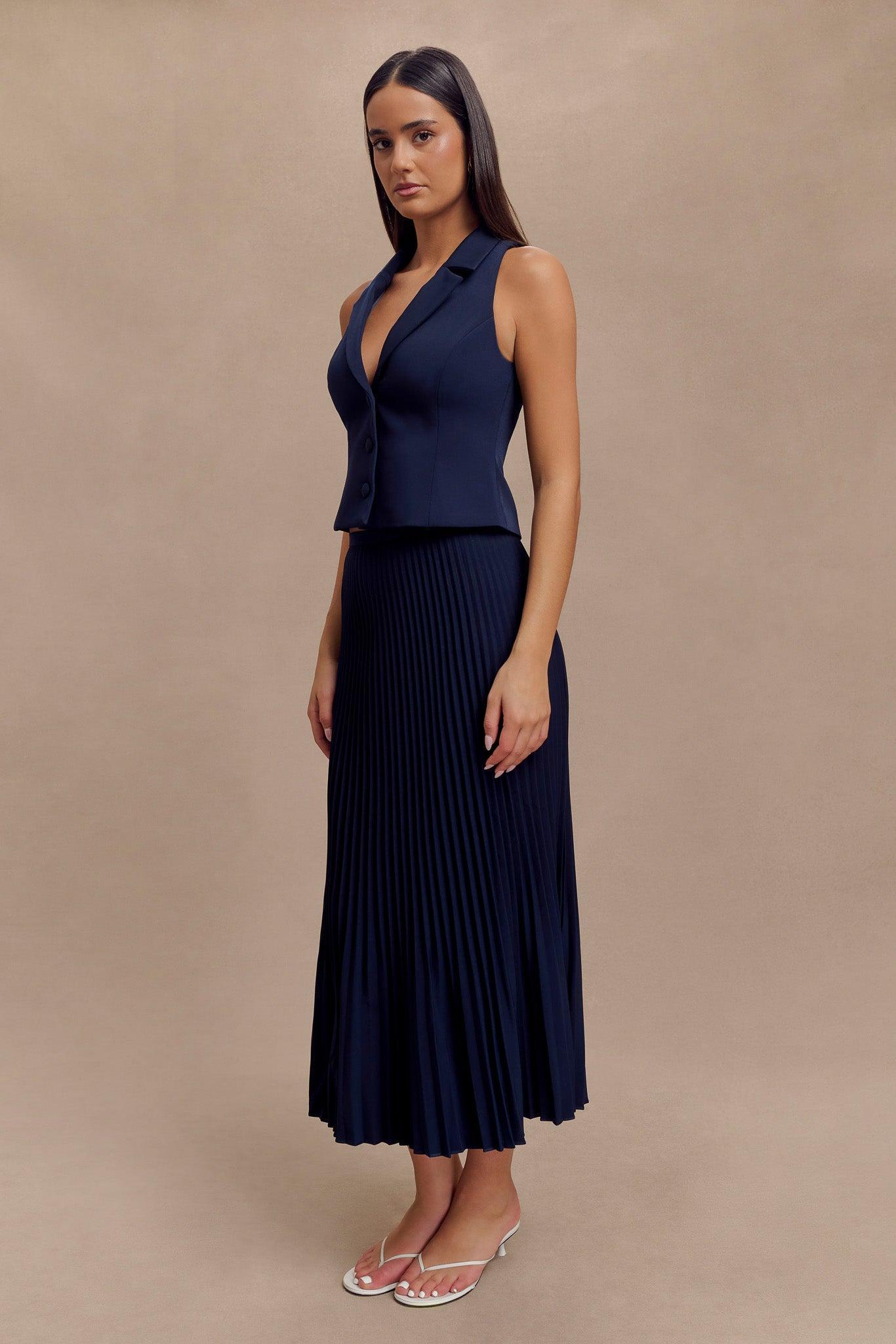 Twyla Pleated Suiting Maxi Skirt - Navy Product Image