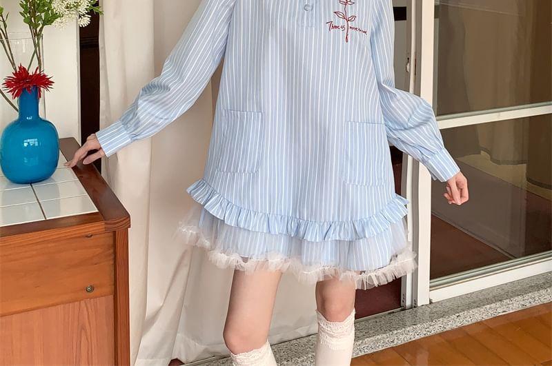 Long Sleeve Peter Pan Collar Striped Mock Two Piece Shirt Dress Product Image