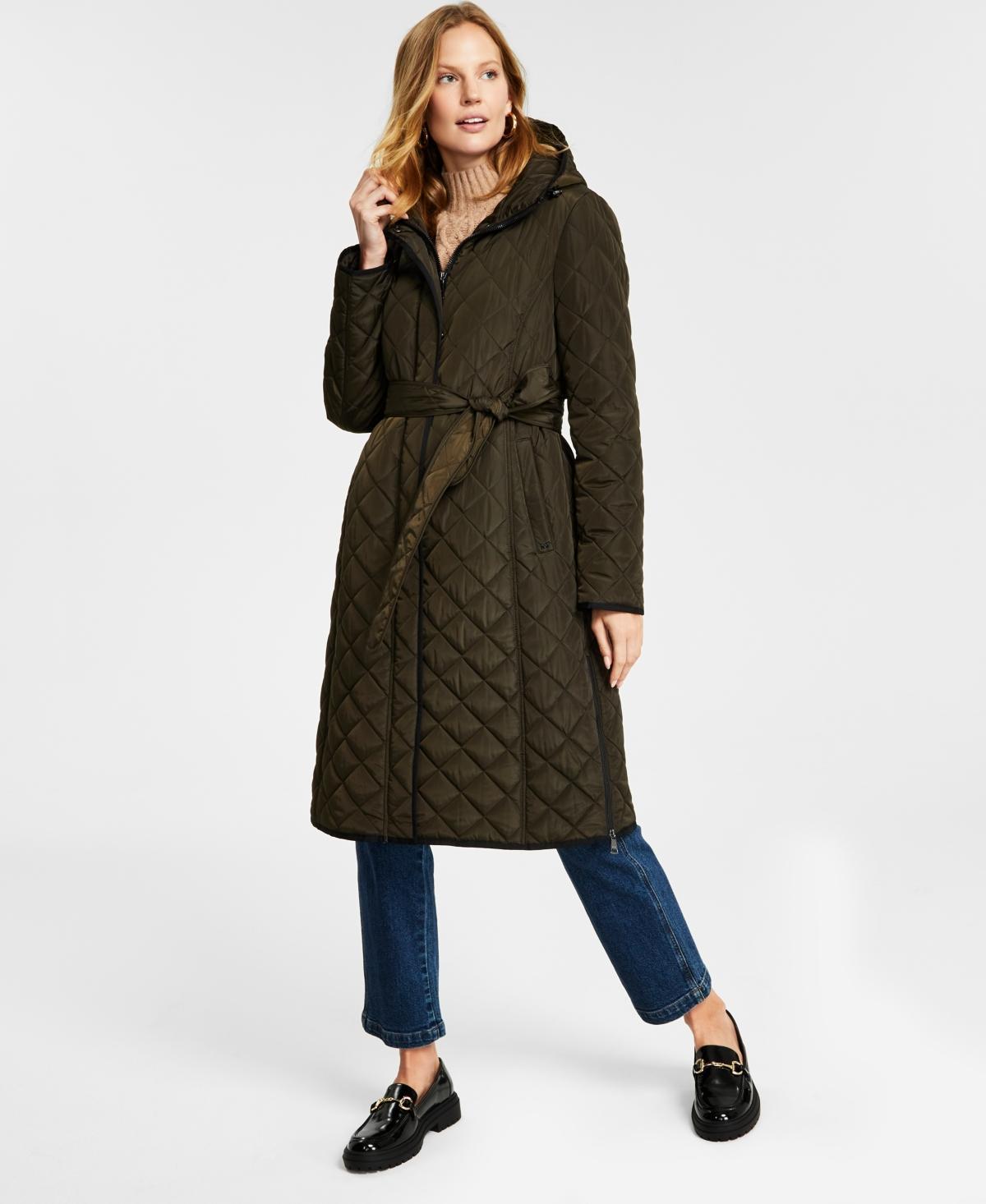 Dkny Womens Hooded Belted Quilted Coat Product Image