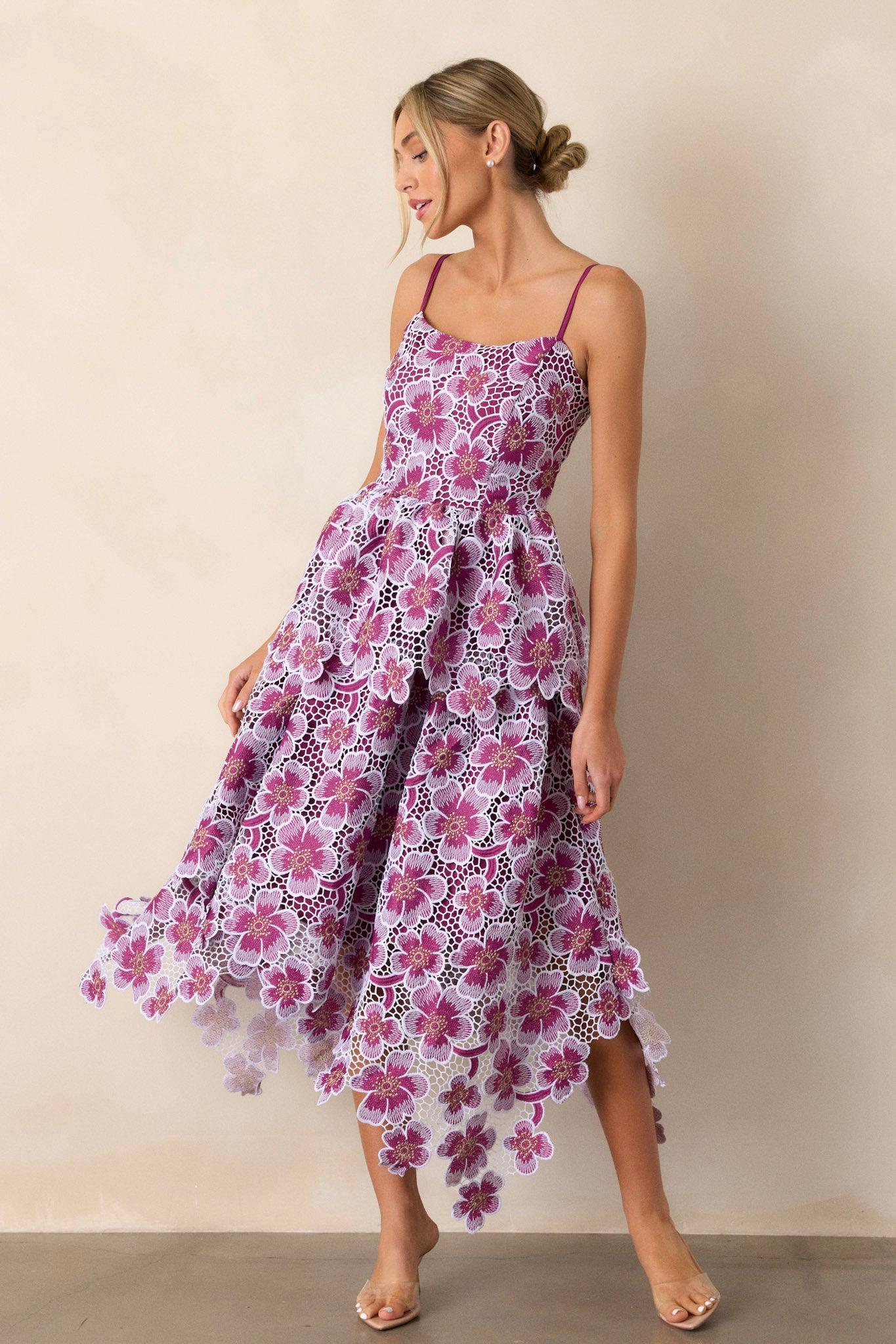 Glimpse Of Grace Light Plum Floral Embroidered Midi Dress Product Image