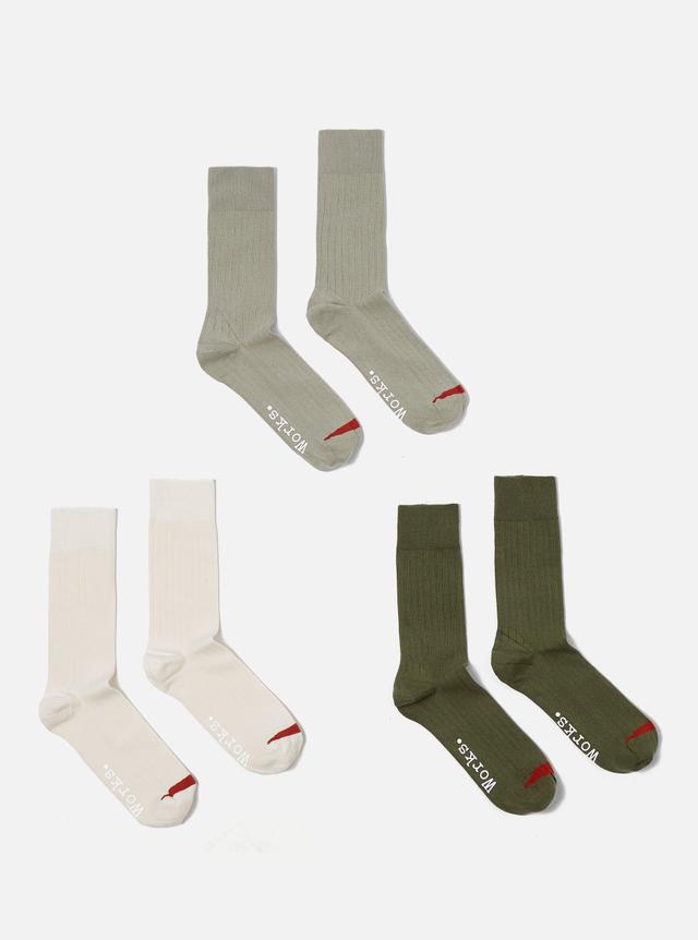 Universal Works 3 Pack Modal Sock in Ecru/Grey/Green Rib Knit Product Image