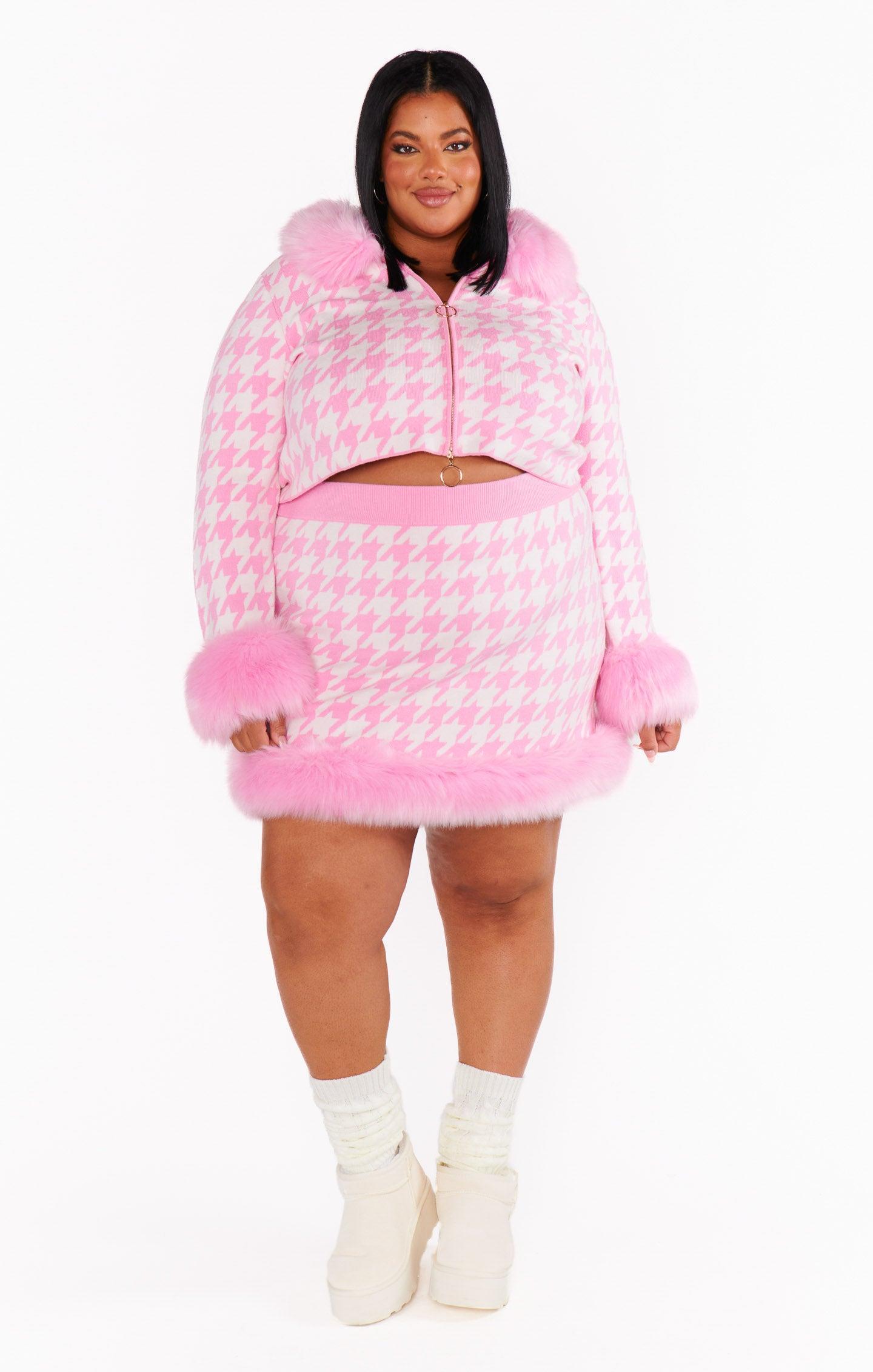 Fran Mini Skirt ~ Pink Houndstooth with Faux Fur Product Image