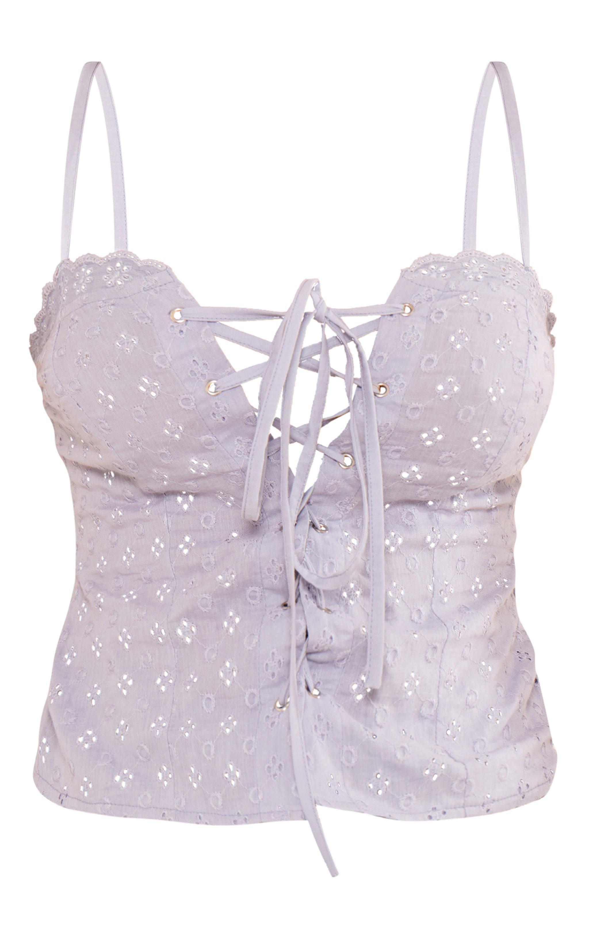 Dusty Blue Broderie Lace Up Front Longline Corset Product Image