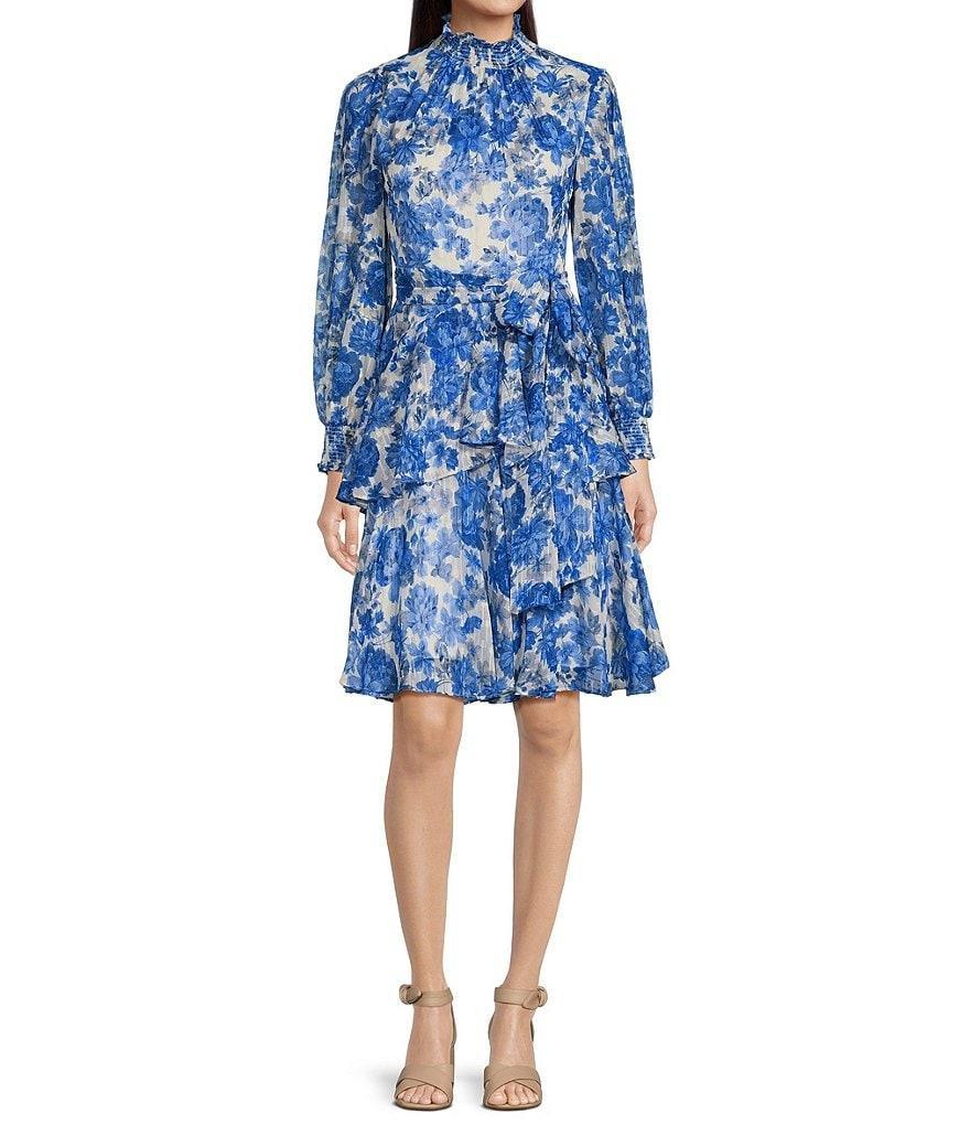 Alex Marie Petite Size Rosalia Floral Print Long Split Sleeve Mock Neck Tiered A-Line Dress Product Image