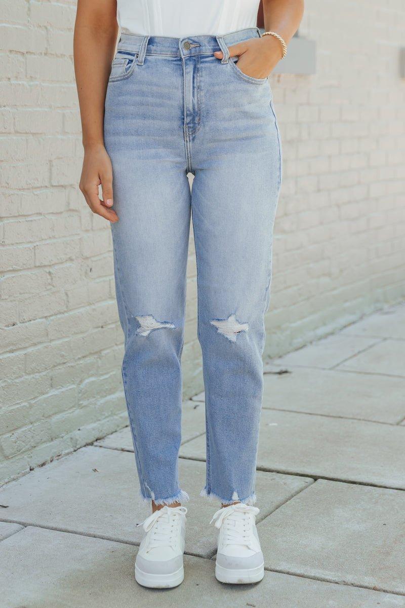 Light Wash Distressed Mom Jeans - FINAL SALE Product Image