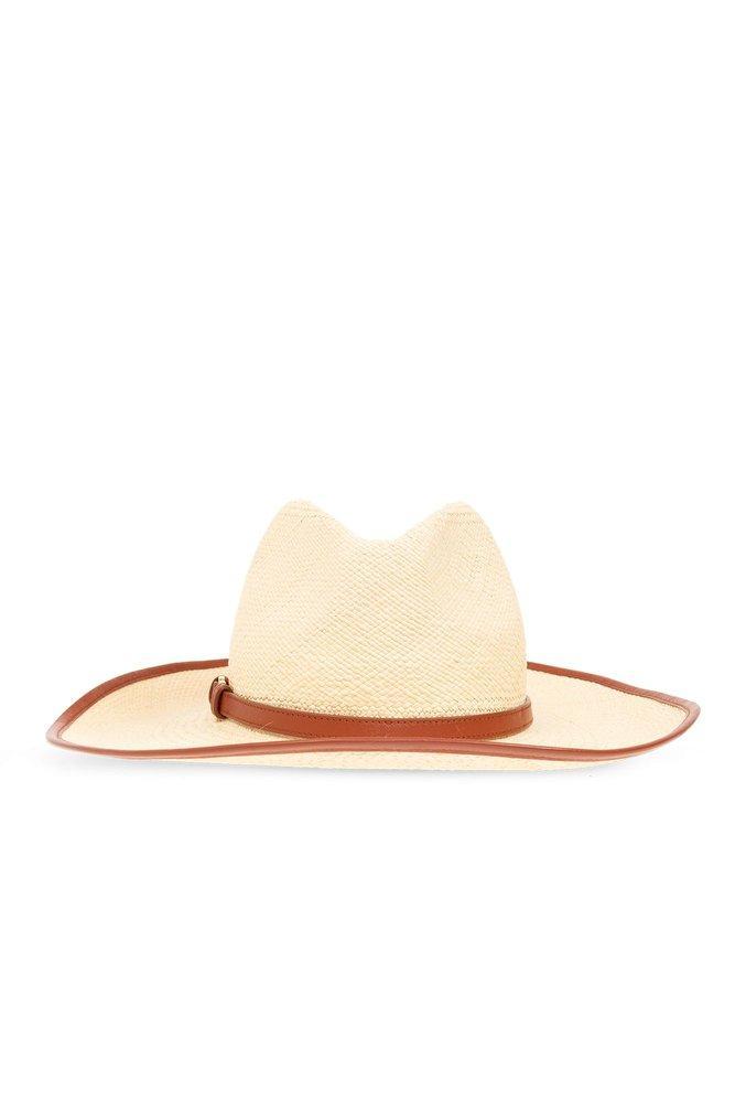 CHLOÉ Neutral Leather-trim Woven Hat In Beige Product Image