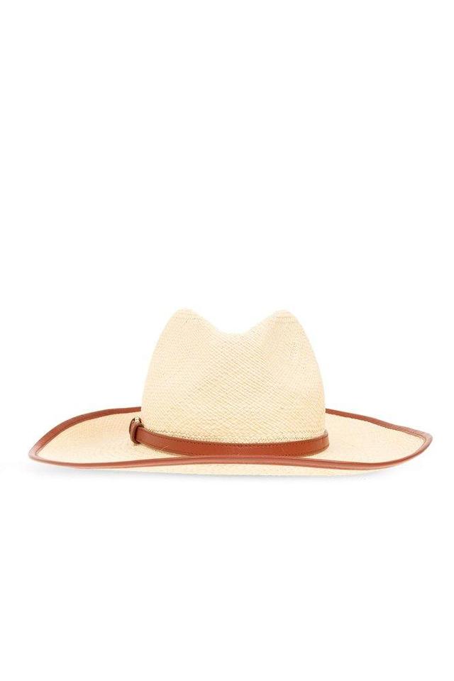 Neutral Leather-trim Woven Hat In Beige Product Image