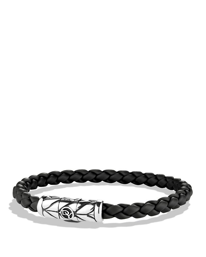 Mens Chevron Woven Bracelet in Black Rubber and Sterling Silver, 6mm Product Image