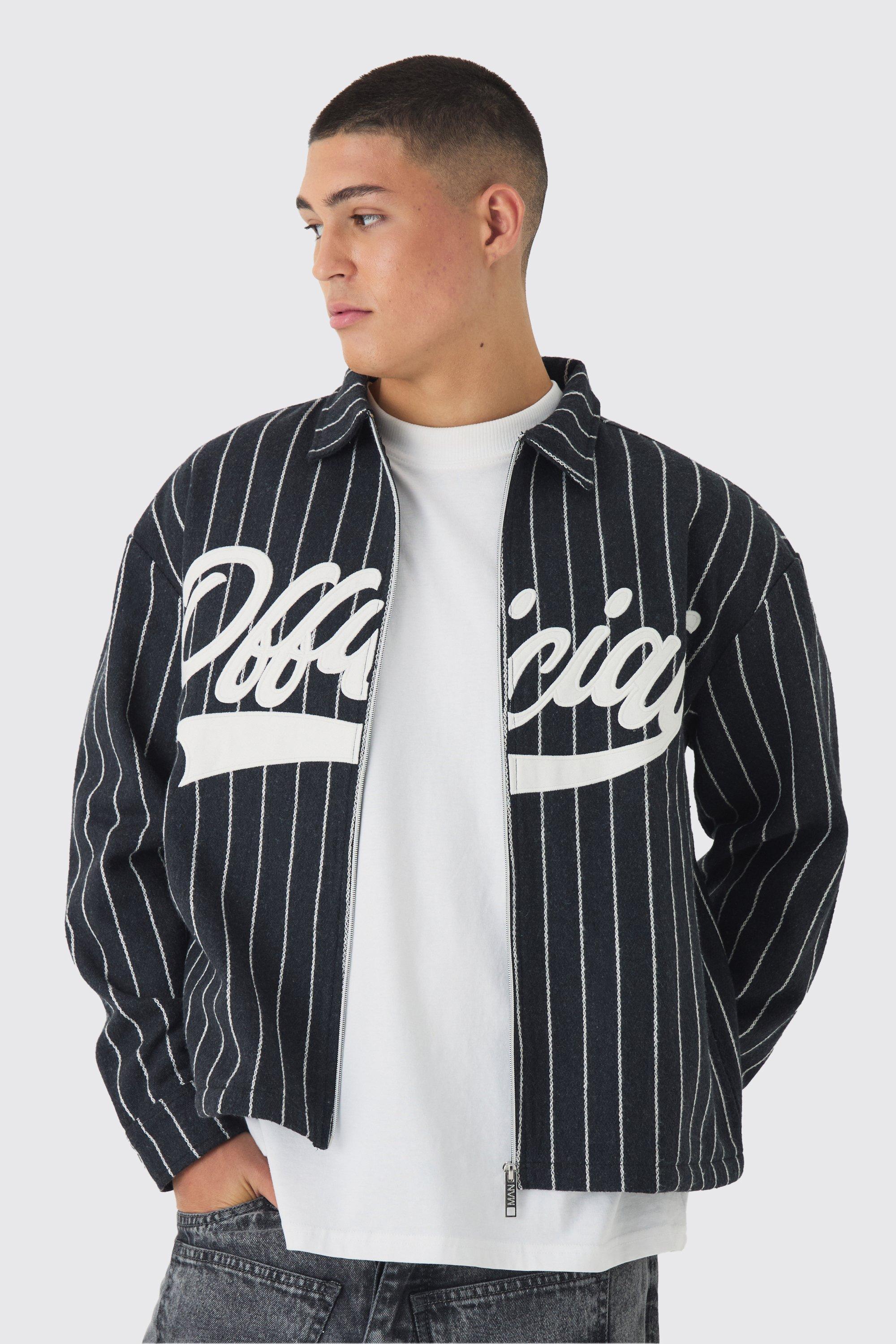 Mens Black Oversized Pinstripe Applique Collared Overshirt, Black Product Image