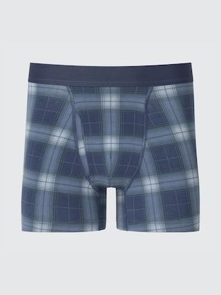 Mens Cotton Boxer Briefs Checked with Deodorizing Blue Large UNIQLO US Product Image