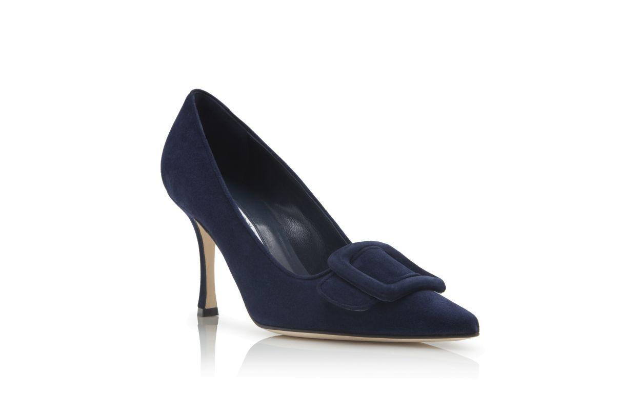 MAYSALEPUMP 90 Navy Blue Suede Buckle Detail Pumps Product Image