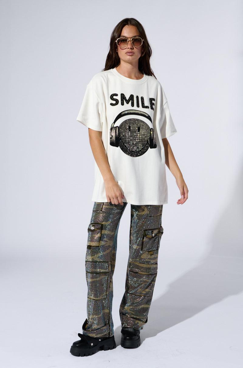 SMILE RHINESTONE DETAIL OVERSIZED TSHIRT IN WHITE Product Image