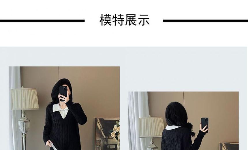 Set: Collared Mock Two-Piece Two Tone Cable Knit Half-Zip Sweater + High Waist Plain Wide Leg Pants Product Image