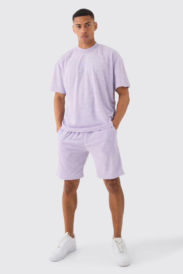 Mens Purple Oversized Extended Neck Towelling Homme T-shirt & Shorts Set, Purple Product Image