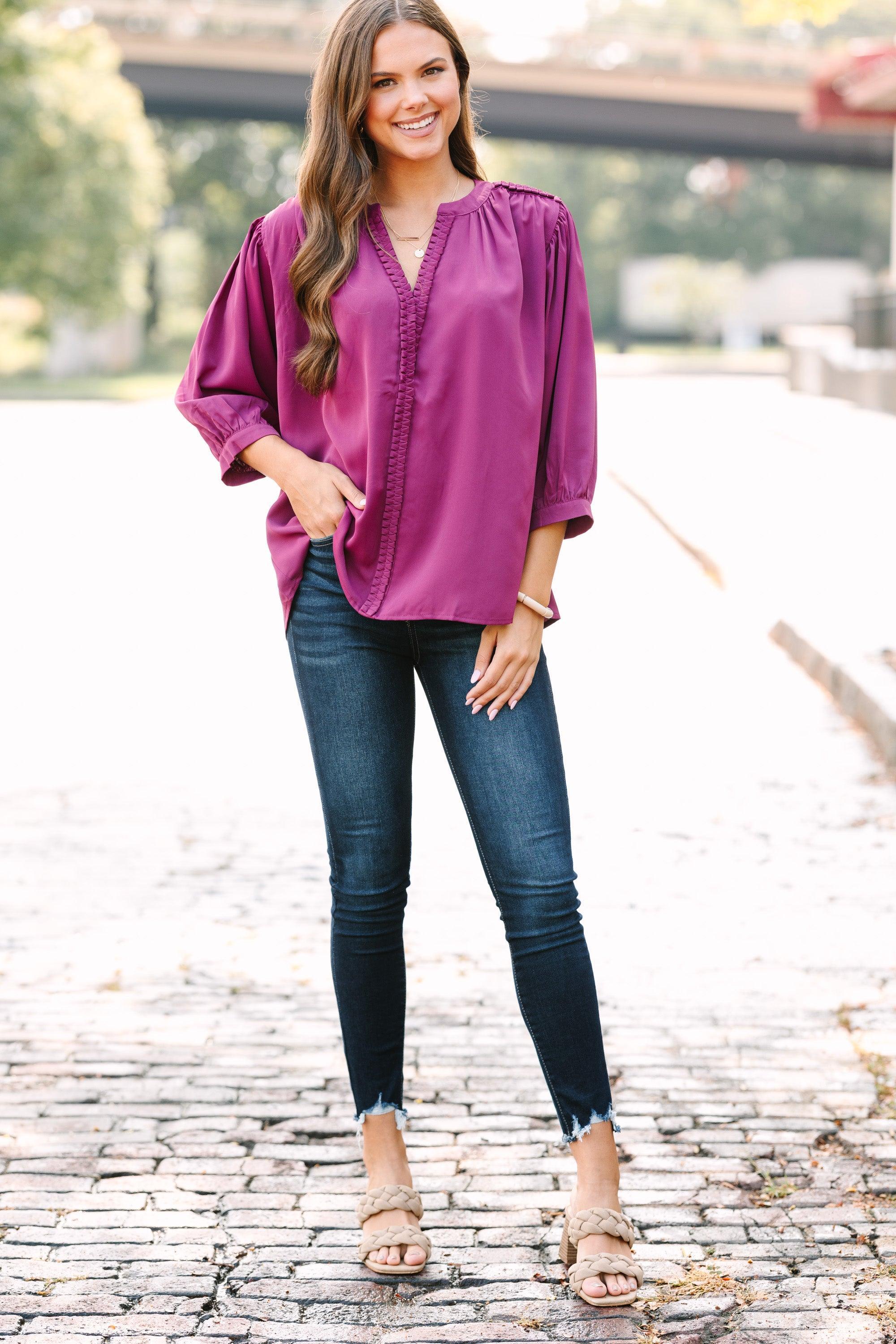 Easy Days Ahead Plum Purple Textured Trim Blouse Female Product Image