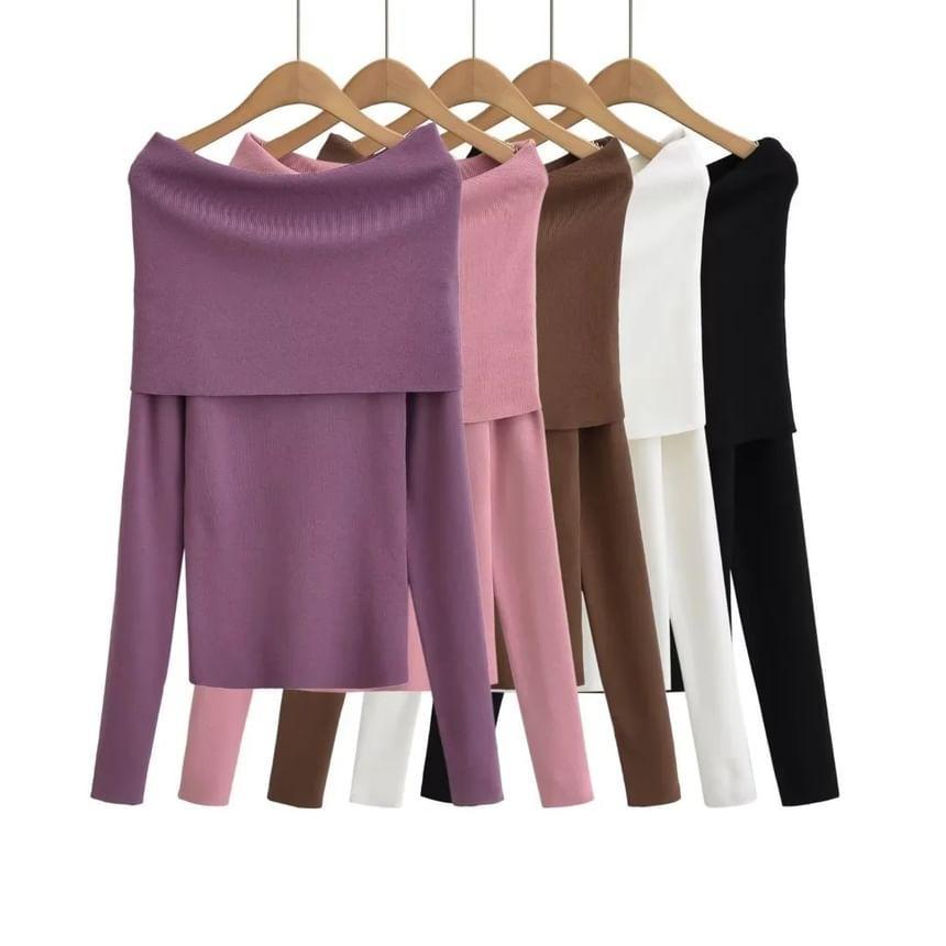 Long-Sleeve Off Shoulder Plain Knit Top Product Image