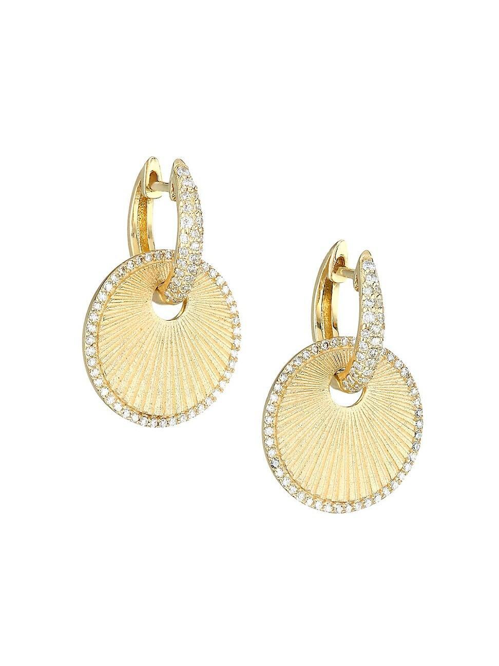 Womens 14K Yellow Gold & Diamond Disc Huggie Hoop Earrings Product Image