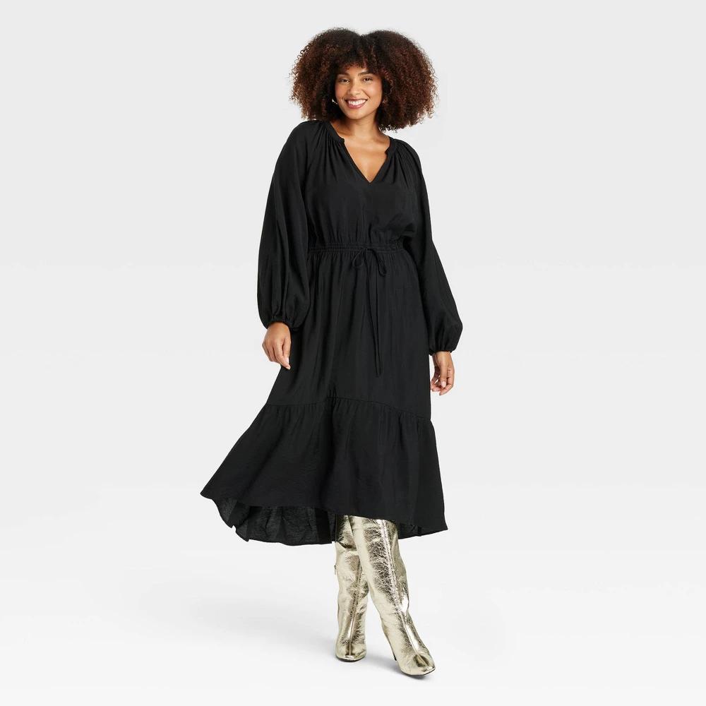 Womens Balloon Long Sleeve Tiered Midi Dress - A New Day Black XXL Product Image