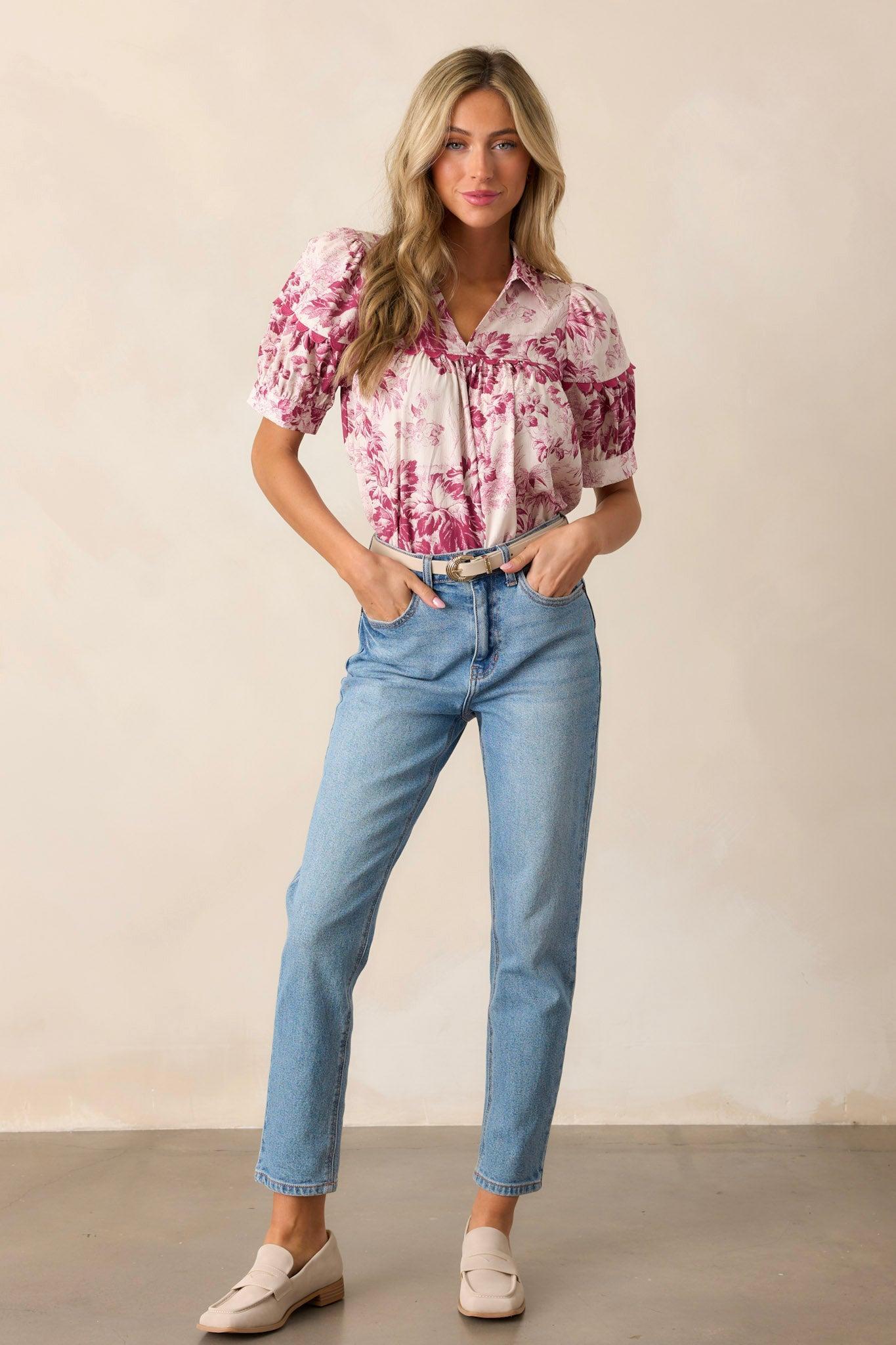 Serene Day Magenta Floral Puff Sleeve Top Product Image